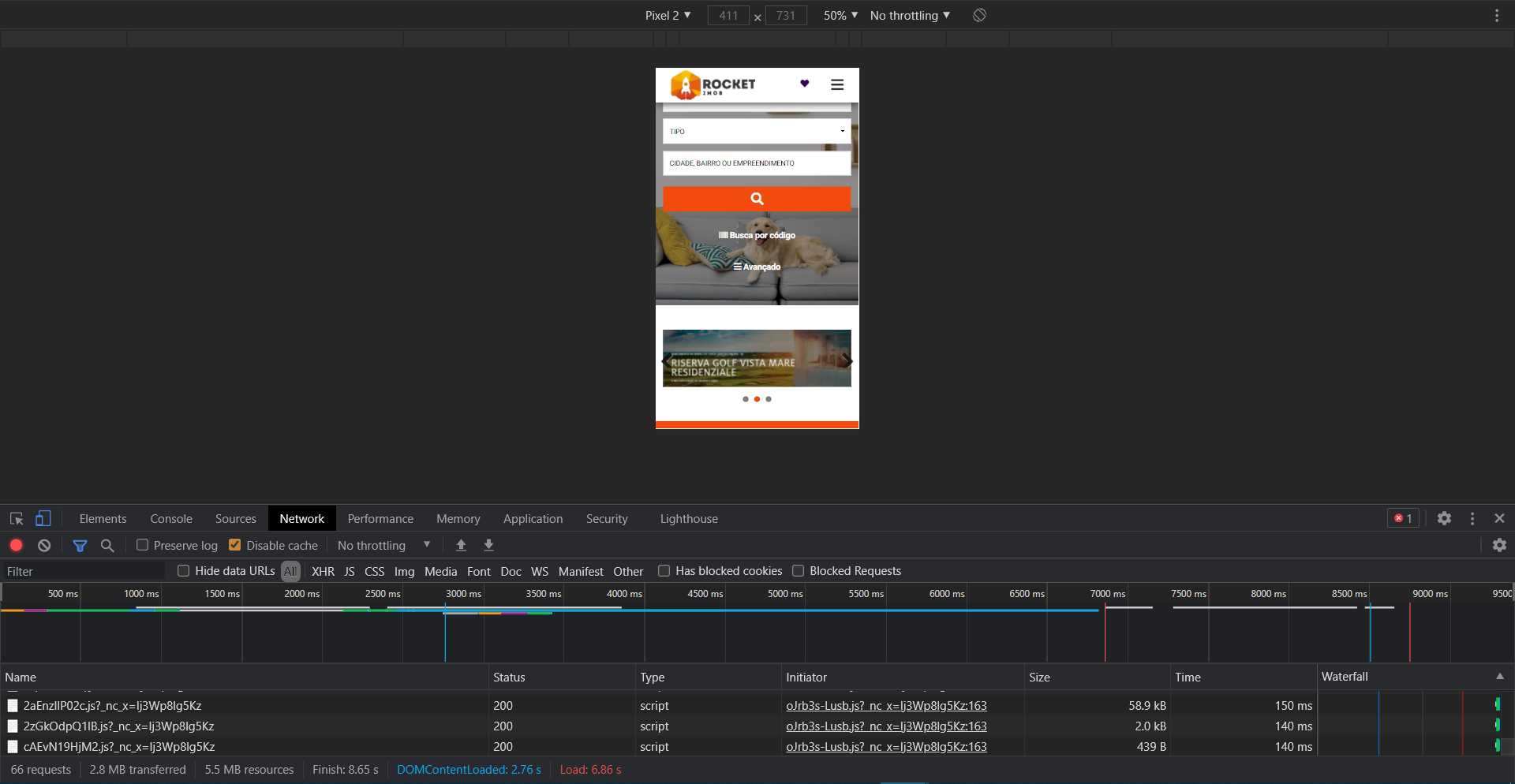 analisar velocidade de carregamento mobile 