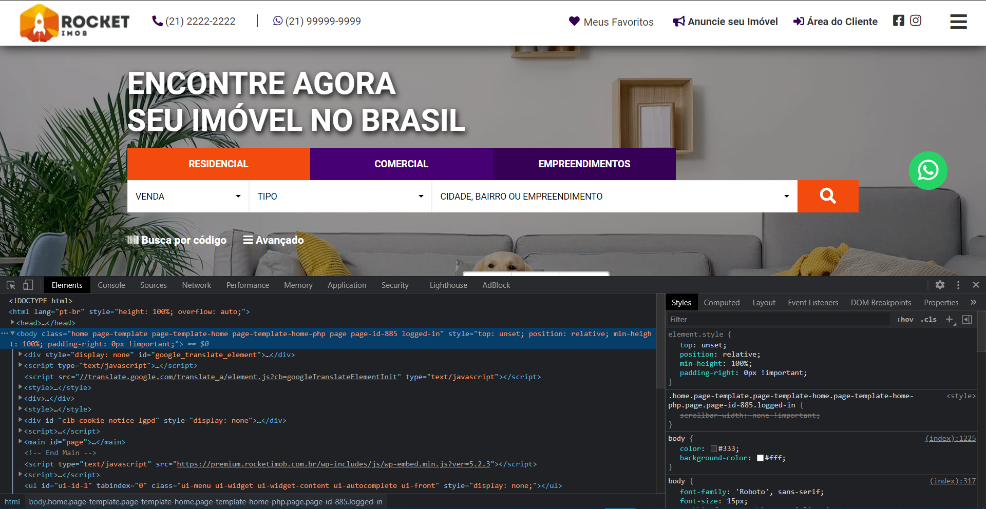Ferramenta de desenvolvedor aberta no navegador