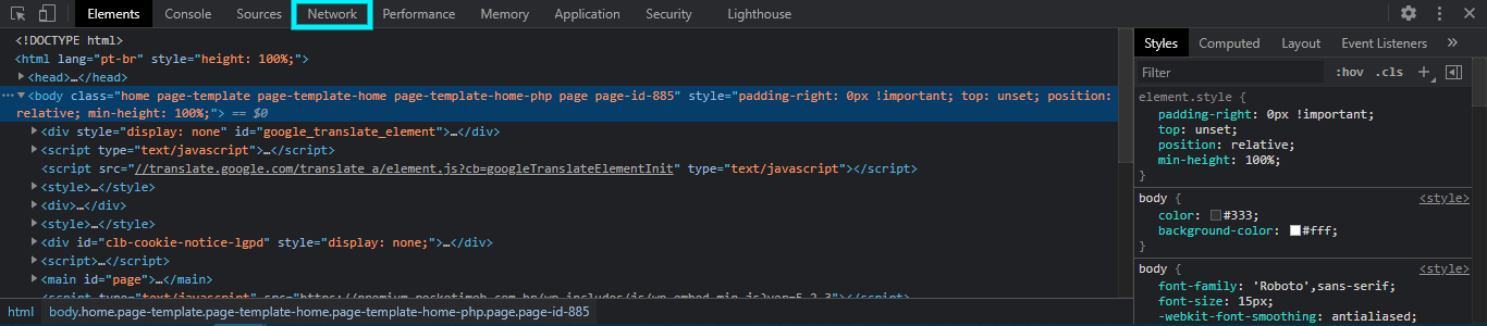 aba network na ferramenta de desenvolvedor do navegador